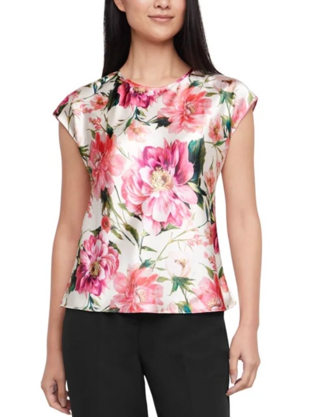Women's Short Sleeve Satin Blouse, Ivory Blushing Peonies